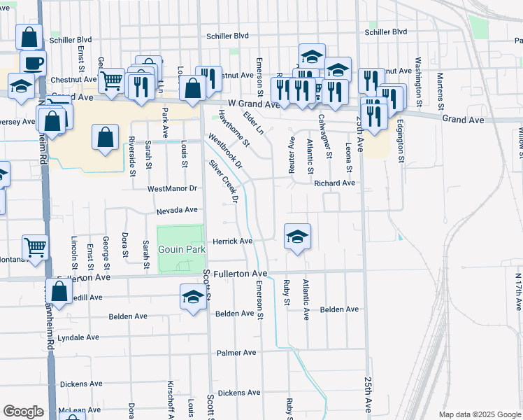 map of restaurants, bars, coffee shops, grocery stores, and more near 2535 Westbrook Drive in Franklin Park