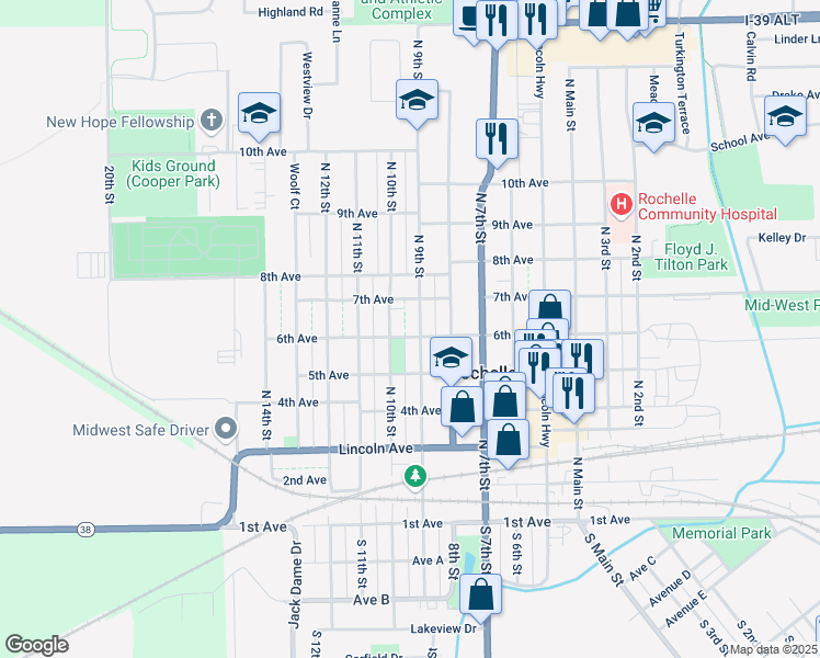 map of restaurants, bars, coffee shops, grocery stores, and more near 602 North 9th Street in Rochelle