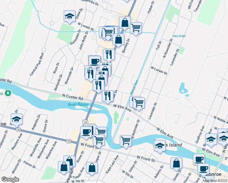 map of restaurants, bars, coffee shops, grocery stores, and more near 201 Huber Drive in Monroe