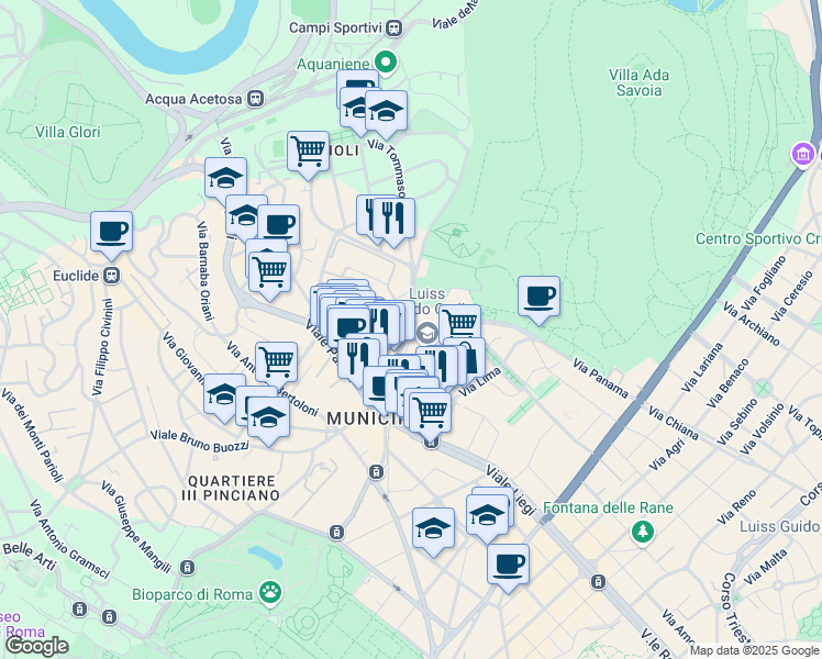 map of restaurants, bars, coffee shops, grocery stores, and more near 32 Viale Romania in Roma
