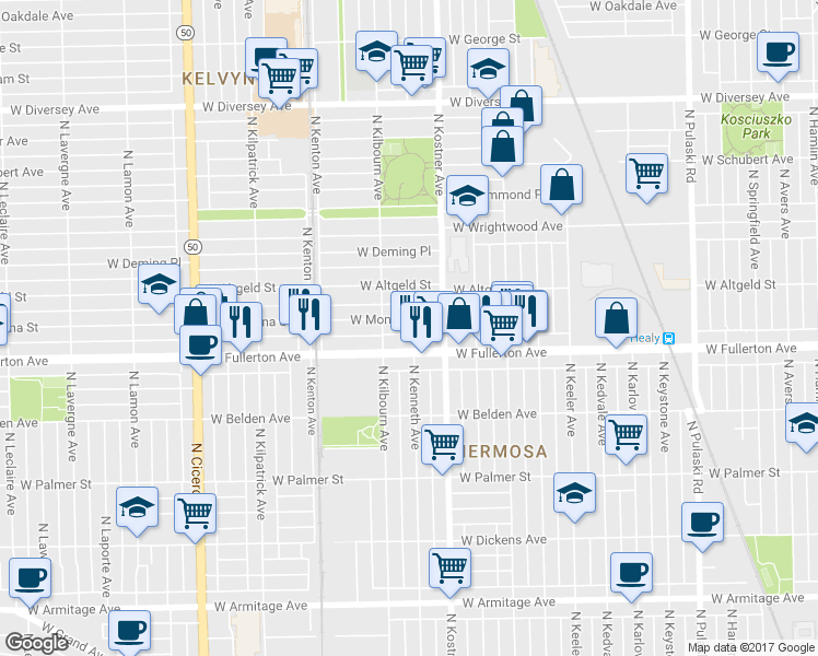 map of restaurants, bars, coffee shops, grocery stores, and more near 4435 W Montana St in Chicago