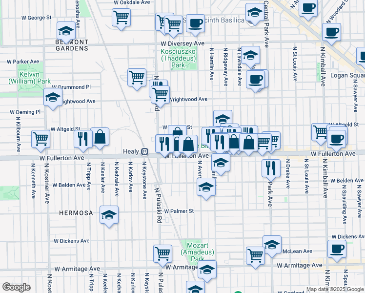 map of restaurants, bars, coffee shops, grocery stores, and more near 2416 North Springfield Avenue in Chicago