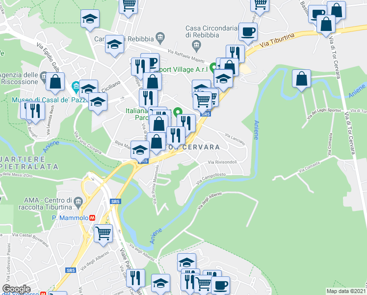map of restaurants, bars, coffee shops, grocery stores, and more near Via Tiburtina in Rome