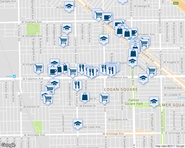 map of restaurants, bars, coffee shops, grocery stores, and more near 2411 N St Louis Ave in Chicago