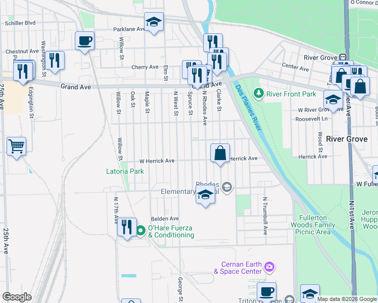 map of restaurants, bars, coffee shops, grocery stores, and more near 2514 Spruce Street in River Grove