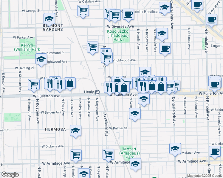 map of restaurants, bars, coffee shops, grocery stores, and more near 2416 North Harding Avenue in Chicago