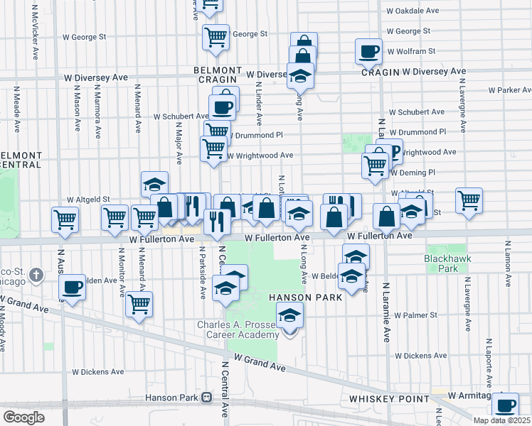 map of restaurants, bars, coffee shops, grocery stores, and more near 2435 North Linder Avenue in Chicago