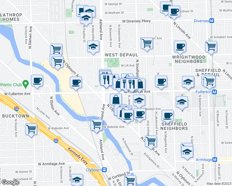 map of restaurants, bars, coffee shops, grocery stores, and more near 1513 West Fullerton Avenue in Chicago