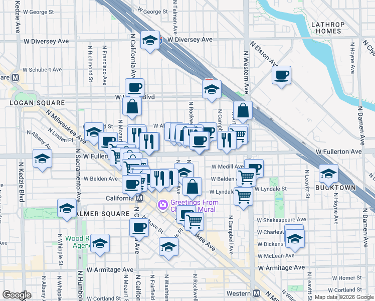 map of restaurants, bars, coffee shops, grocery stores, and more near 2608 West Fullerton Avenue in Chicago