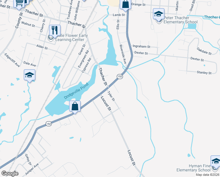 map of restaurants, bars, coffee shops, grocery stores, and more near 348 South Main Street in Attleboro