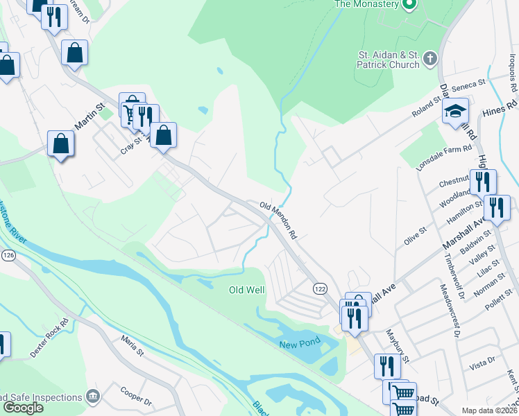 map of restaurants, bars, coffee shops, grocery stores, and more near 699 Mendon Road in Cumberland