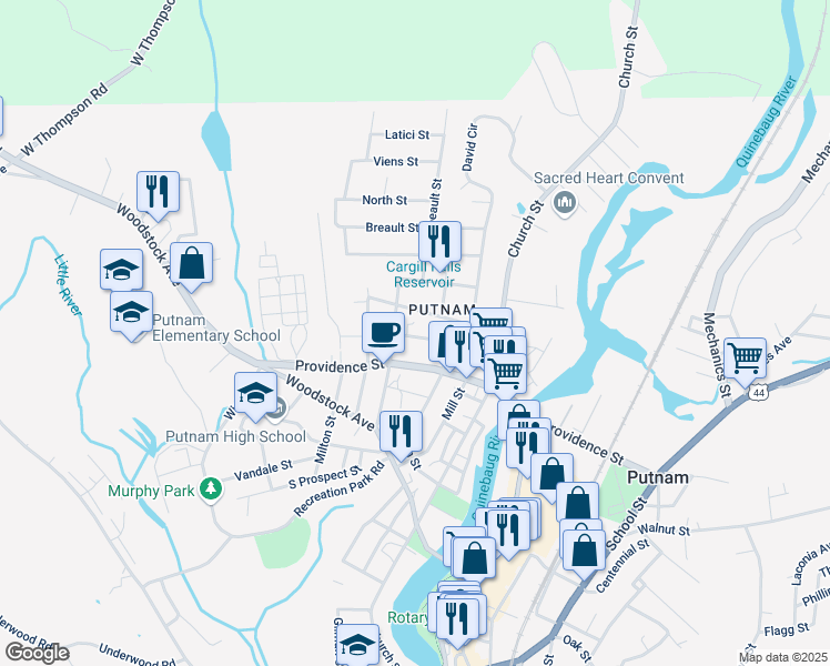 map of restaurants, bars, coffee shops, grocery stores, and more near 69 Battey Street in Putnam