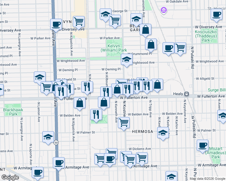 map of restaurants, bars, coffee shops, grocery stores, and more near 4435 West Montana Street in Chicago