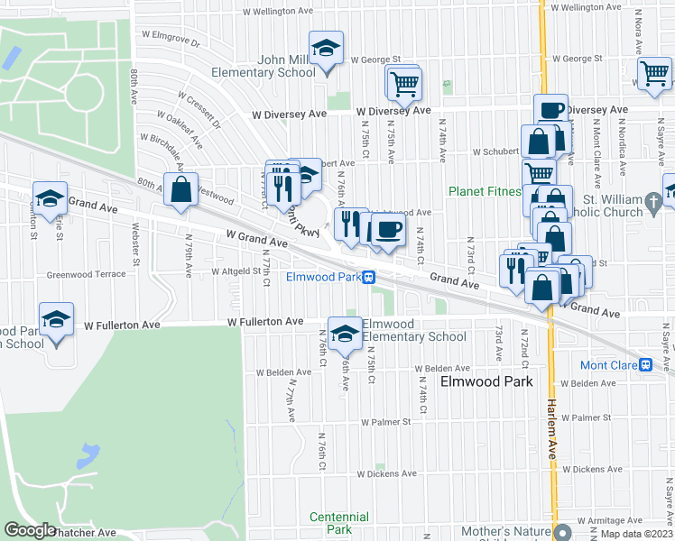 map of restaurants, bars, coffee shops, grocery stores, and more near 7500 West Marwood Avenue in Elmwood Park