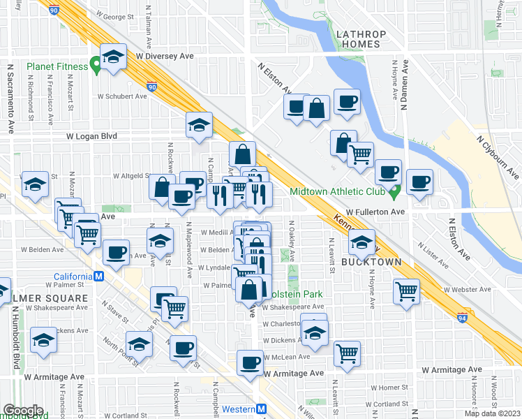 map of restaurants, bars, coffee shops, grocery stores, and more near 2346 West Fullerton Avenue in Chicago