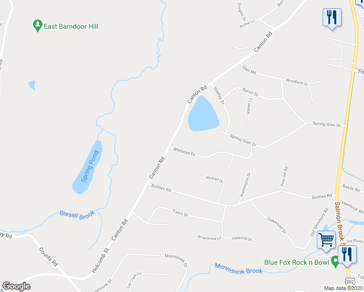 map of restaurants, bars, coffee shops, grocery stores, and more near 48 Whitman Drive in Granby