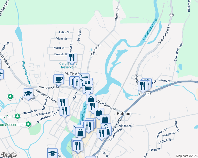 map of restaurants, bars, coffee shops, grocery stores, and more near 65 Ballou Street in Putnam