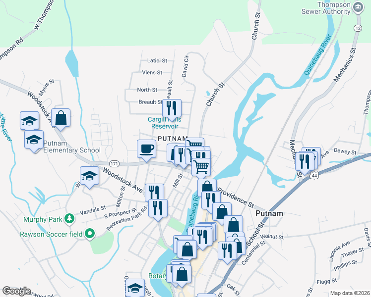 map of restaurants, bars, coffee shops, grocery stores, and more near 95 Van Den Noort Street in Putnam