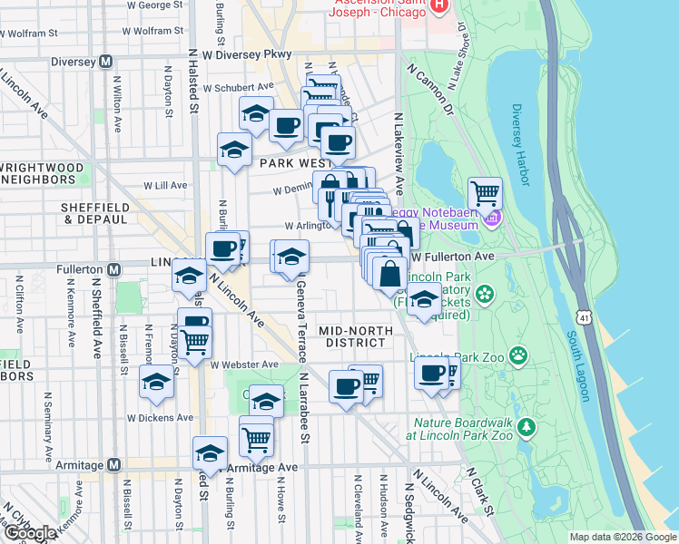 map of restaurants, bars, coffee shops, grocery stores, and more near 513 West Fullerton Parkway in Chicago