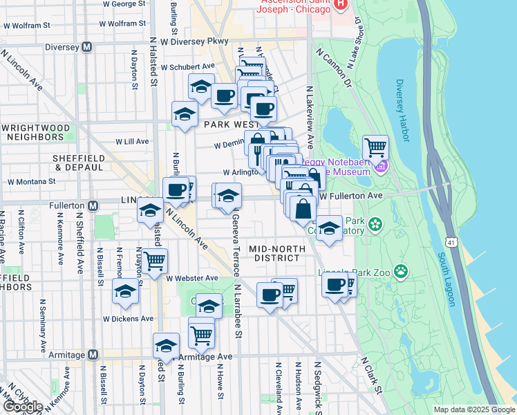 map of restaurants, bars, coffee shops, grocery stores, and more near 513 West Fullerton Parkway in Chicago