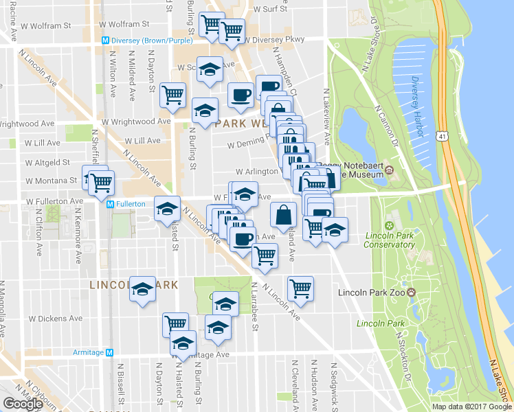 map of restaurants, bars, coffee shops, grocery stores, and more near 559 West Fullerton Avenue in Chicago