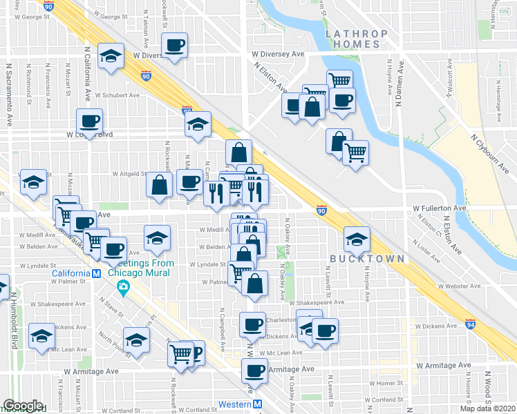 map of restaurants, bars, coffee shops, grocery stores, and more near 2346 West Fullerton Avenue in Chicago