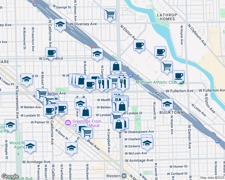 map of restaurants, bars, coffee shops, grocery stores, and more near 2418 West Fullerton Avenue in Chicago