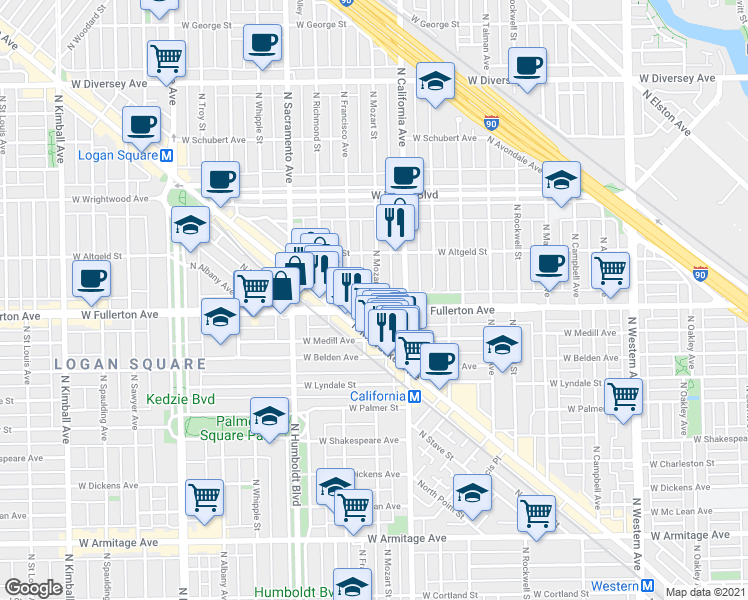 map of restaurants, bars, coffee shops, grocery stores, and more near 2838 West Fullerton Avenue in Chicago