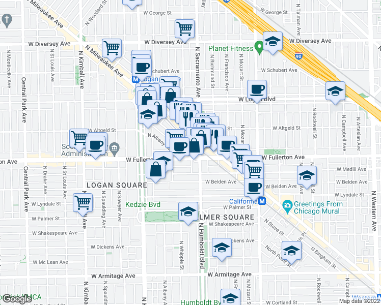 map of restaurants, bars, coffee shops, grocery stores, and more near 3030 West Fullerton Avenue in Chicago