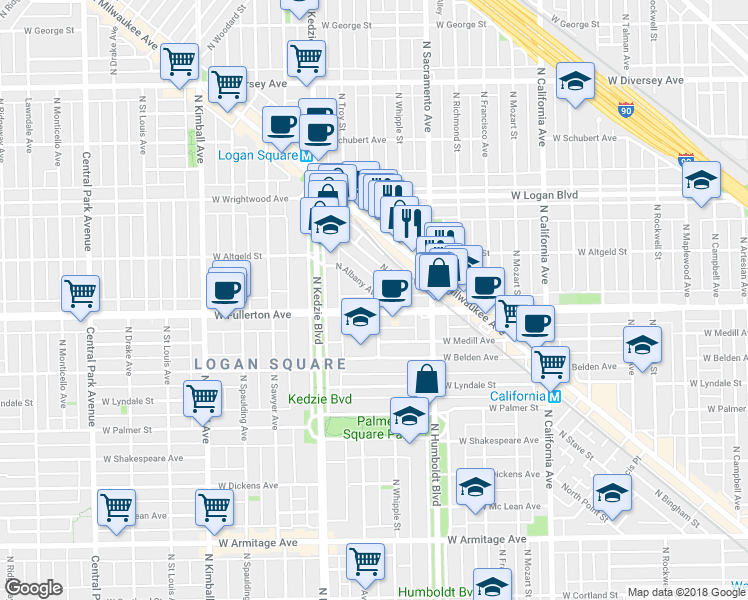 map of restaurants, bars, coffee shops, grocery stores, and more near 3104 West Fullerton Avenue in Chicago