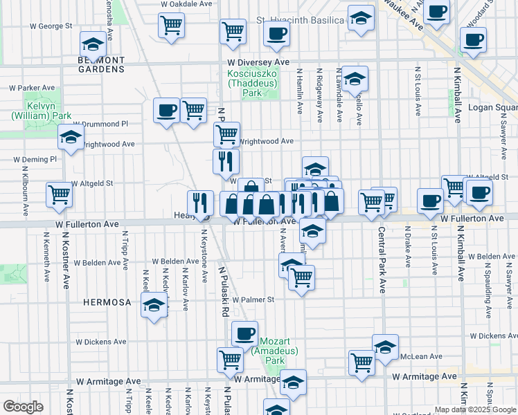 map of restaurants, bars, coffee shops, grocery stores, and more near 2416 North Springfield Avenue in Chicago