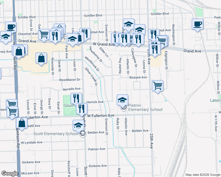 map of restaurants, bars, coffee shops, grocery stores, and more near 2535 Westbrook Drive in Franklin Park