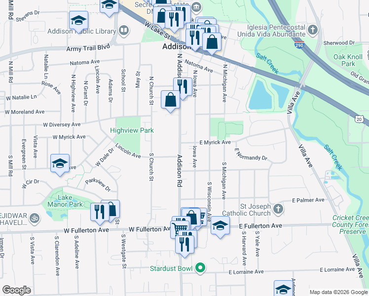 map of restaurants, bars, coffee shops, grocery stores, and more near 109 Addison Road in Addison