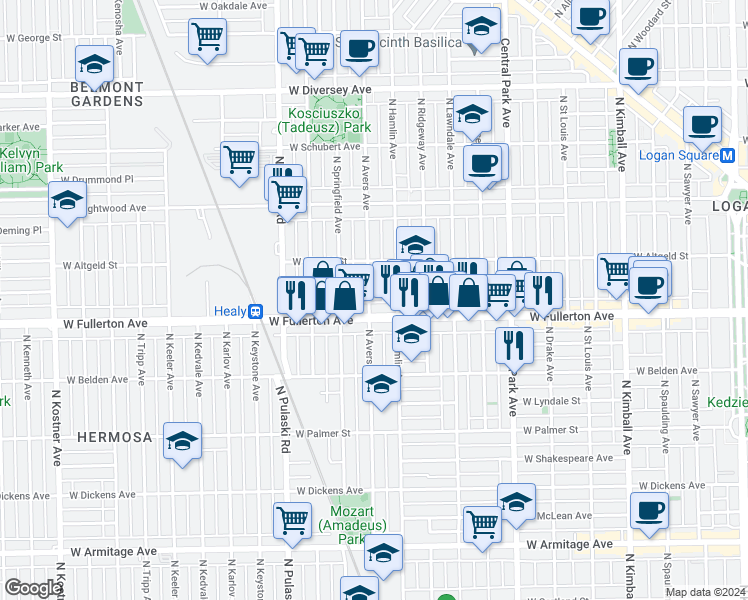 map of restaurants, bars, coffee shops, grocery stores, and more near 2417 North Avers Avenue in Chicago