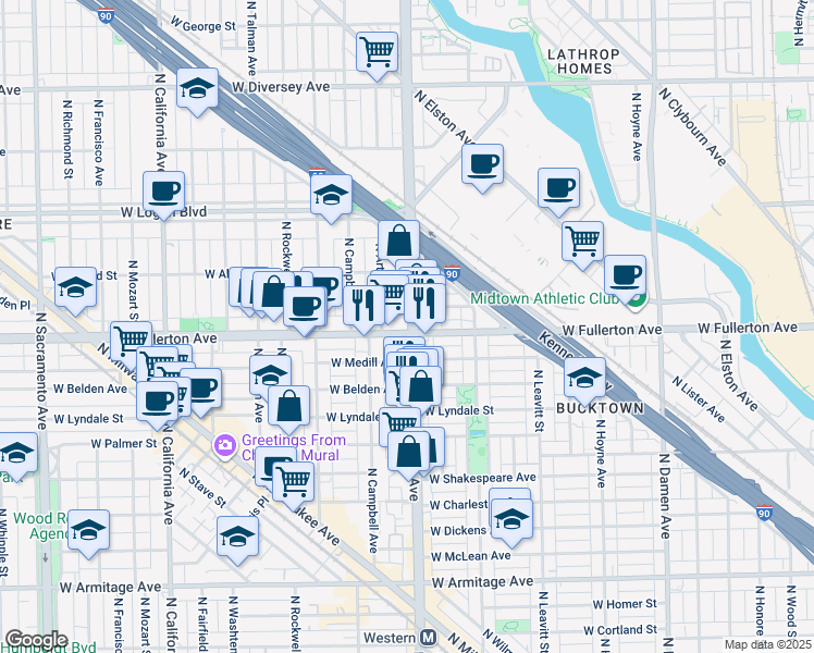 map of restaurants, bars, coffee shops, grocery stores, and more near 2400 West Fullerton Avenue in Chicago