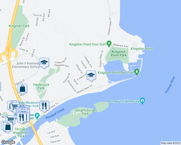 map of restaurants, bars, coffee shops, grocery stores, and more near 14 Crane Street in Kingston