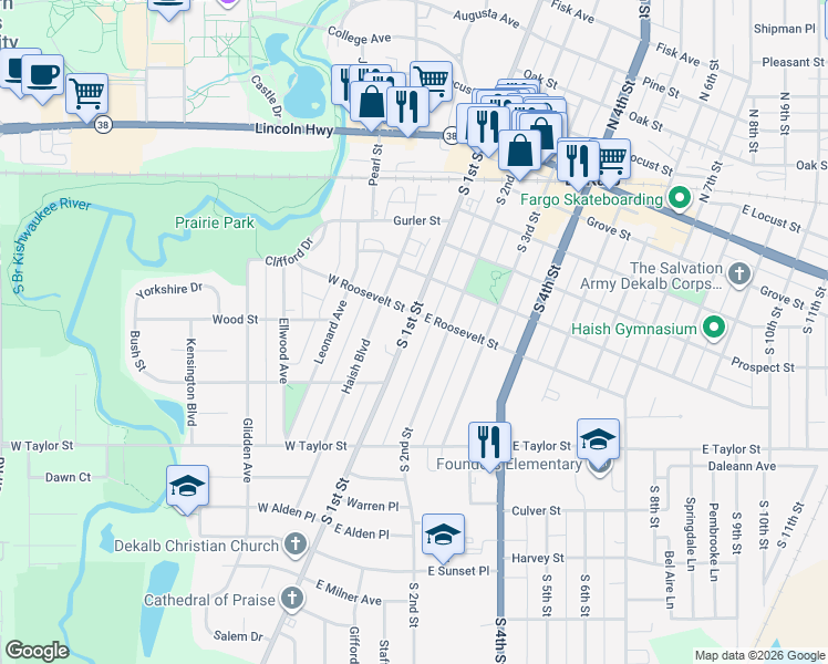 map of restaurants, bars, coffee shops, grocery stores, and more near 618 South 1st Street in DeKalb