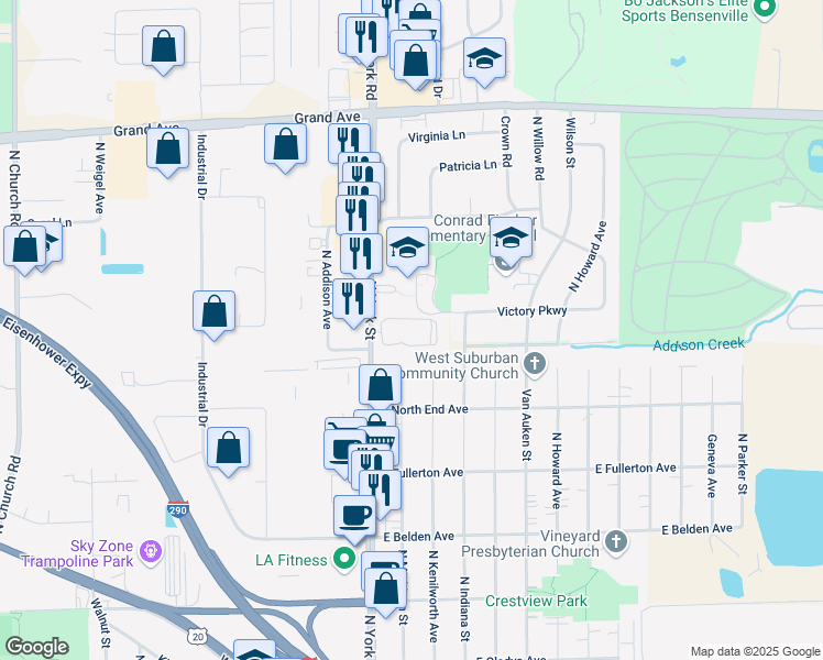map of restaurants, bars, coffee shops, grocery stores, and more near 841 North York Street in Elmhurst