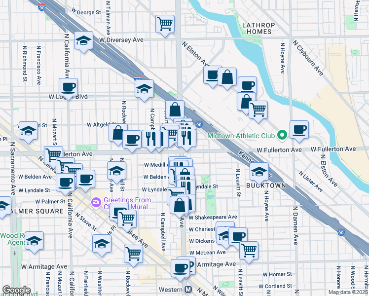 map of restaurants, bars, coffee shops, grocery stores, and more near 2405 North Western Avenue in Chicago