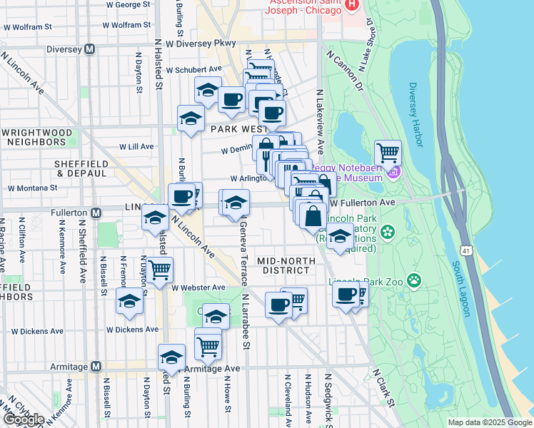 map of restaurants, bars, coffee shops, grocery stores, and more near 513 West Fullerton Parkway in Chicago