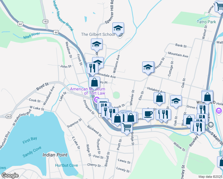 map of restaurants, bars, coffee shops, grocery stores, and more near Crown Street in Winsted