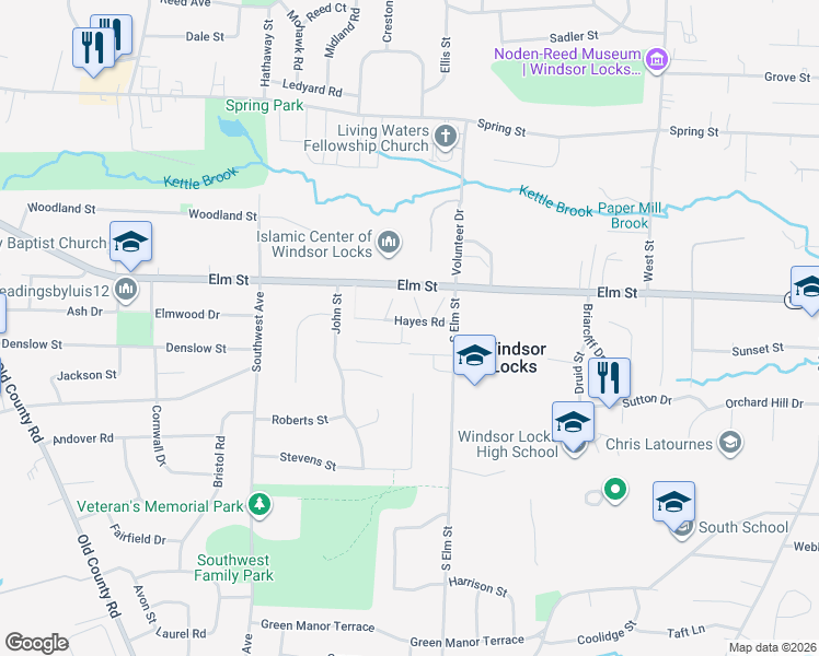 map of restaurants, bars, coffee shops, grocery stores, and more near 65 Hayes Road in Windsor Locks