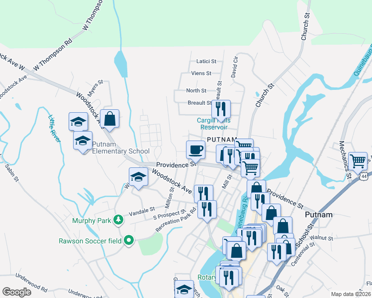 map of restaurants, bars, coffee shops, grocery stores, and more near 105 Battey Street in Putnam