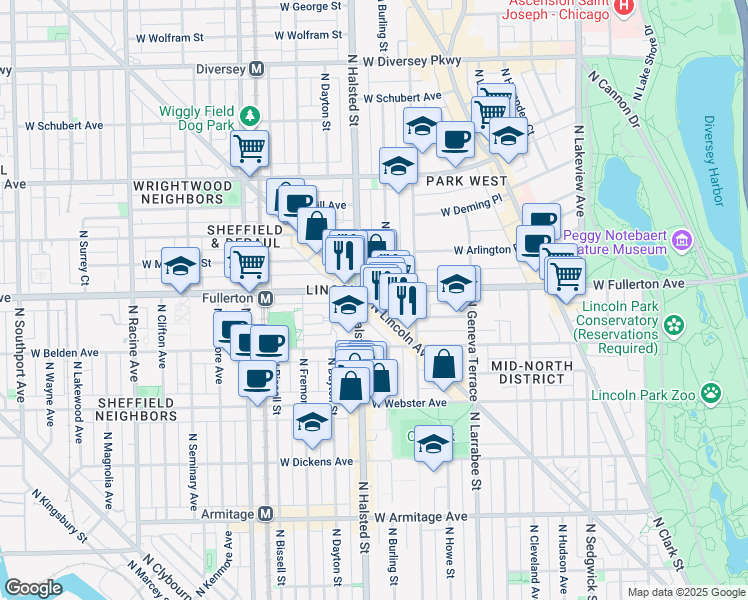 map of restaurants, bars, coffee shops, grocery stores, and more near 2371 North Lincoln Avenue in Chicago