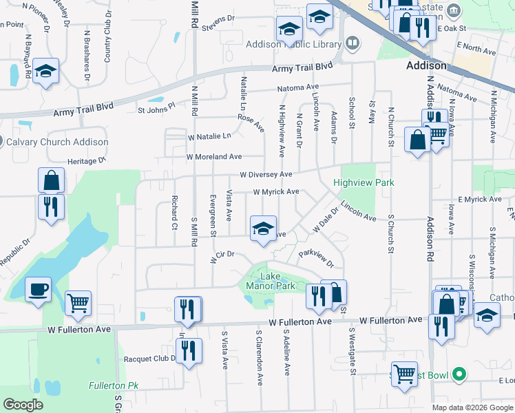 map of restaurants, bars, coffee shops, grocery stores, and more near 109 South Adeline Avenue in Addison
