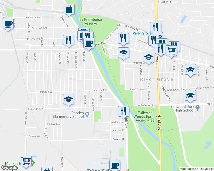 map of restaurants, bars, coffee shops, grocery stores, and more near 2516 North River Road in River Grove