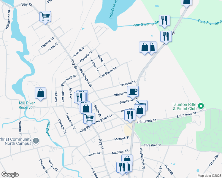 map of restaurants, bars, coffee shops, grocery stores, and more near 45 Jackson Street in Taunton
