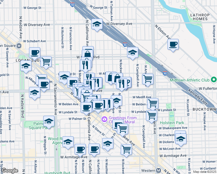 map of restaurants, bars, coffee shops, grocery stores, and more near 2648 West Fullerton Avenue in Chicago
