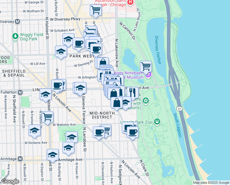 map of restaurants, bars, coffee shops, grocery stores, and more near 401 West Fullerton Avenue in Chicago