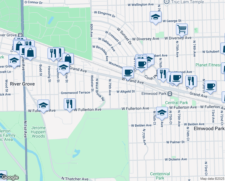 map of restaurants, bars, coffee shops, grocery stores, and more near 2446 North 79th Avenue in Elmwood Park